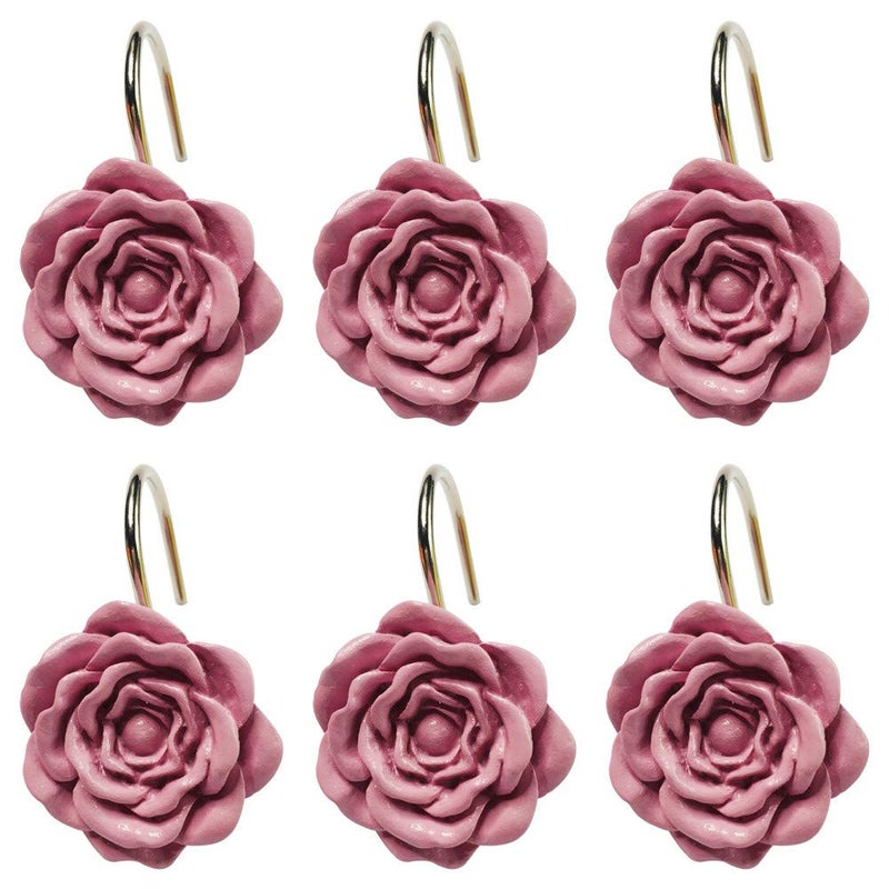 Twofishes Pink Rose Shower Curtain Hooks Set of 12 Pink Rose Flower Shower Rings Pack of 12 - Image 2